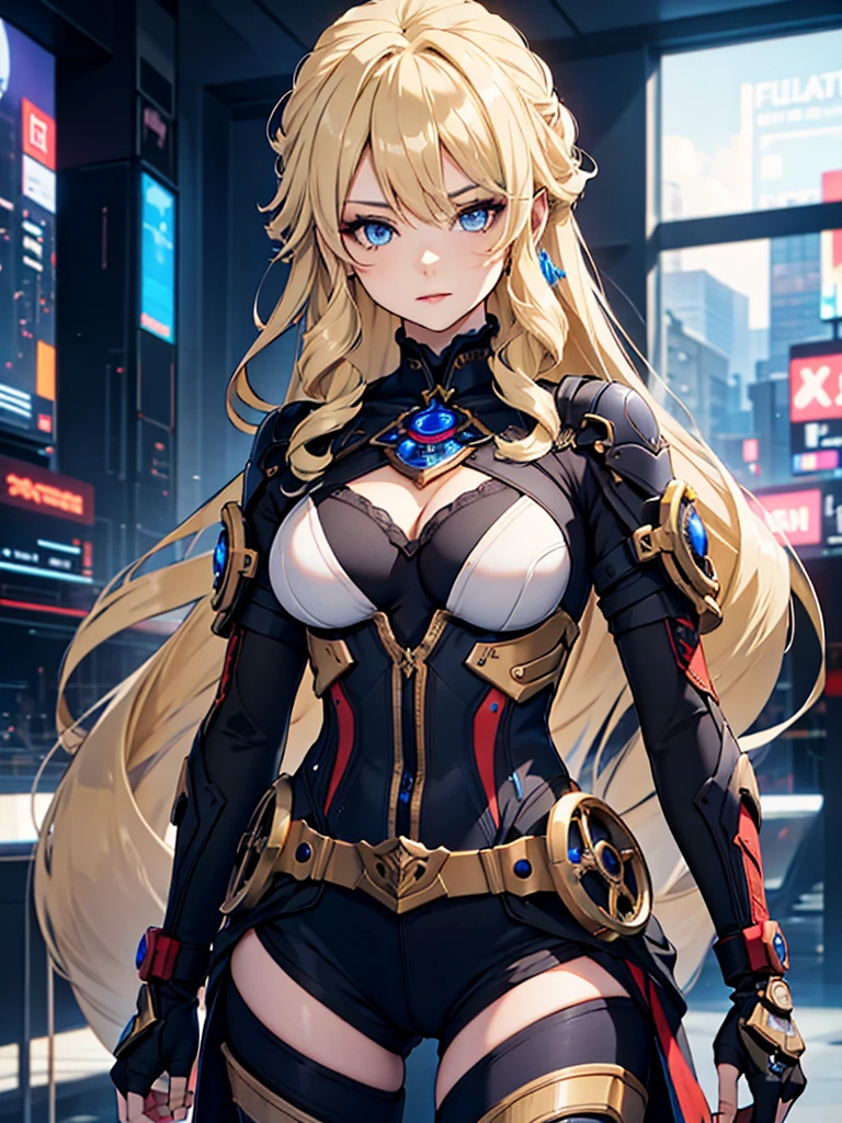 Navia from Genshin impact, 1woman, wearing a futuristic cyberpunk outfit, at future city, blonde colour hair style, 8k, high detailed, high quality