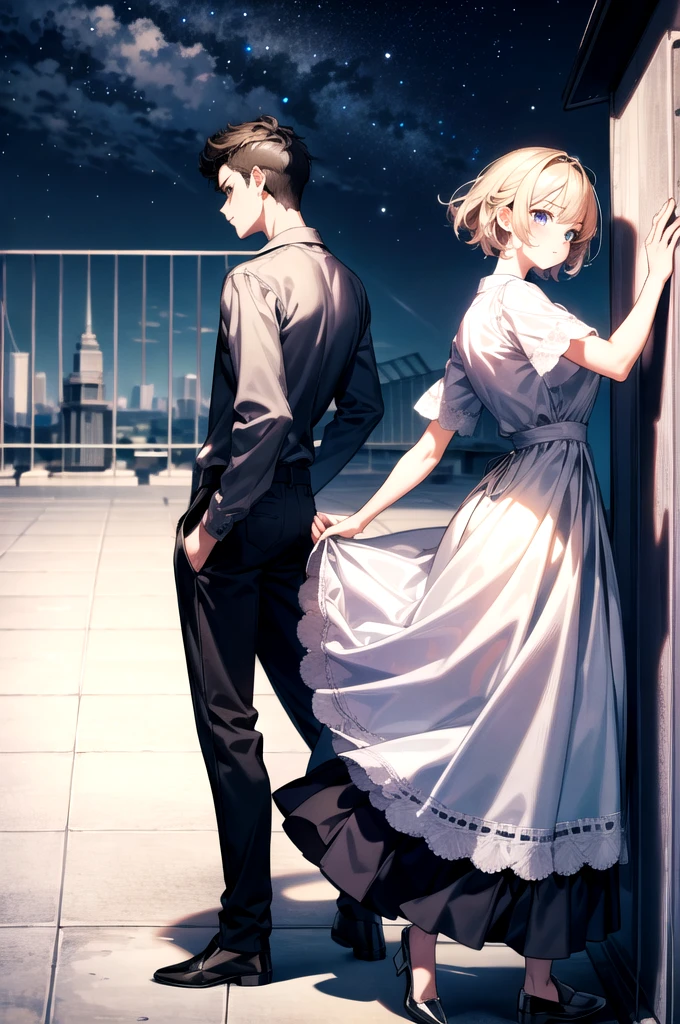 Masterpiece, anime still, intricate details, uhd, 4k, hdr, EyeDetail, (1girl, 1boy,) ((standing back to back)), ((tall male, short female)), looking at the viewer, at night, school rooftop