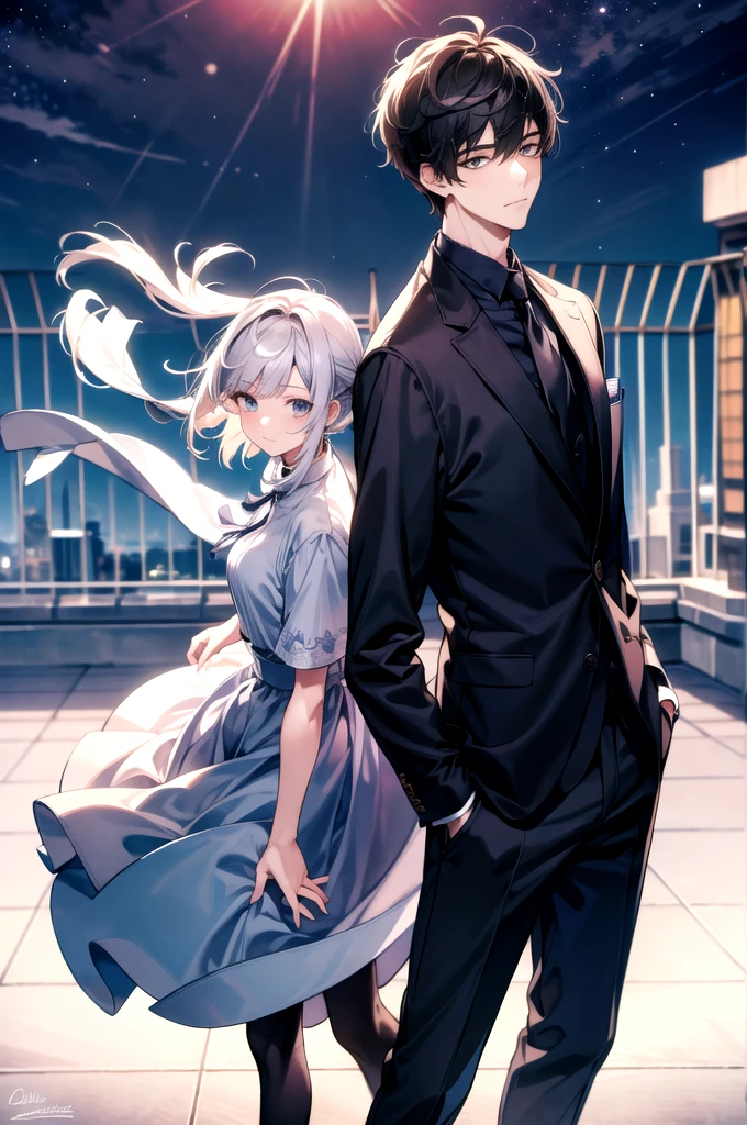 Masterpiece, anime still, intricate details, uhd, 4k, hdr, EyeDetail, (1girl, 1boy,) ((standing back to back)), ((tall male, short female)), looking at the viewer, at night, school rooftop