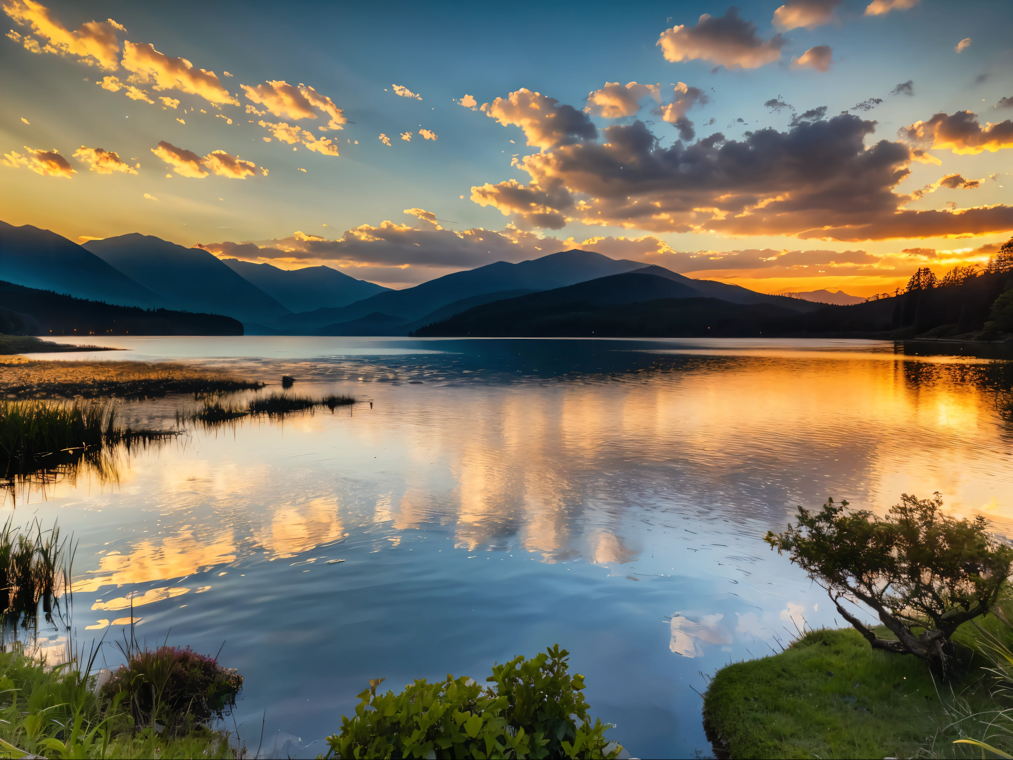 sunset over the lake, lake, serene lake, calm water, reflection, golden sun, dramatic sky, colorful clouds, warm light, atmospheric, tranquil, peaceful, idyllic, stunning scenery, beautiful landscape, picturesque, (best quality,4k,8k,highres,masterpiece:1.2),ultra-detailed,(realistic,photorealistic,photo-realistic:1.37),landscape, nature, outdoor scene