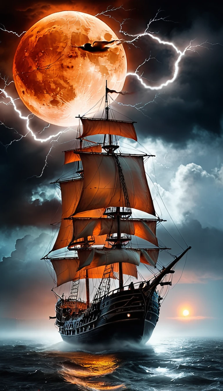 Dark Fantasy Background.Shabby Ghost Ship.Clouds with lightning.A hazy white and orange moon.A lamp on a ghost ship.Overall fog.