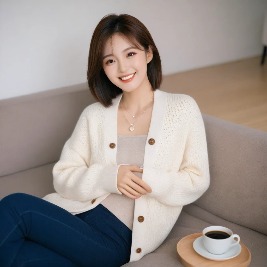 Beautiful Korean Woman , 32 inch chest size, Your eyes are big and pretty. Wearing a cardigan with a blouse, casual pants, short medium hair, Smile. necklet, sit on the sofa , coffee on the table, uhd