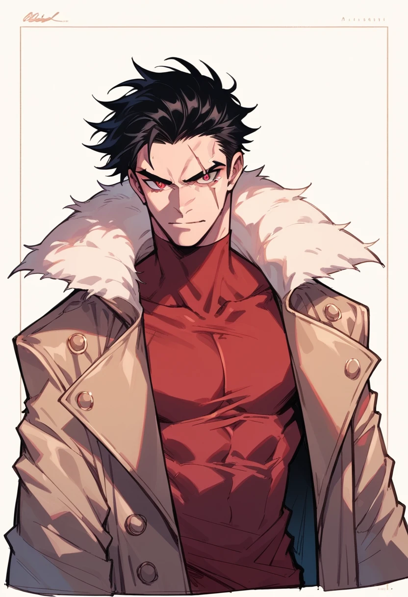 Human Male, Black hair Style ,Coat , Red shirt, Red pupils , scar on eye 