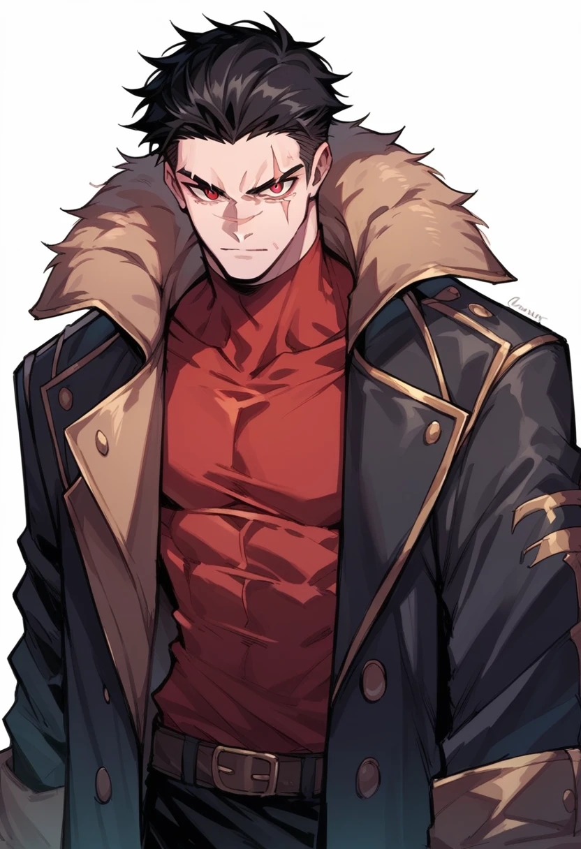 Human Male, Black hair Style ,Coat , Red shirt, Red pupils , scar on eye 