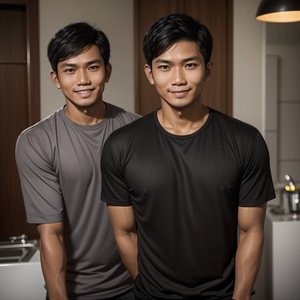 An adult Indonesian man of average build with short black hair. His dark brown eyes often reflect a mix of concern and despair. His tan skin bears fine lines on his face. Despite looking tired, his warm smile reflects his inner strength