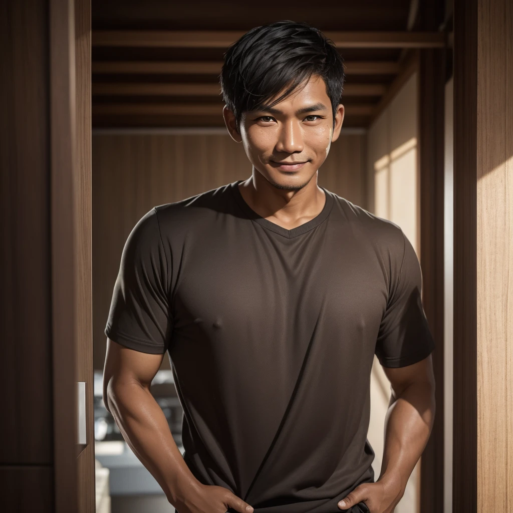 An adult Indonesian man of average build with short black hair. His dark brown eyes often reflect a mix of concern and despair. His tan skin bears fine lines on his face. Despite looking tired, his warm smile reflects his inner strength