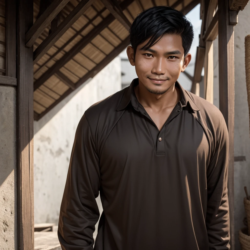 An adult Indonesian man of average build with short black hair. His dark brown eyes often reflect a mix of concern and despair. His tan skin bears fine lines on his face. Despite looking tired, his warm smile reflects his inner strength