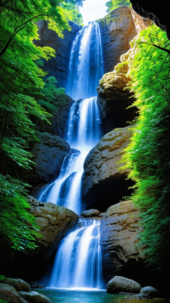 Dark Night time,starry night,full moon,a close up of a waterfall in a tropical forest with rocks and trees, vibrant water river, peaceful beautiful waterfall, river with stunning water, a river flowing with waterfall, beautiful flowing feeling, green waters, lakes and waterfalls, stunning waterfall, cascading, blue and green water, flowing water, stunning screensaver, beautiful stunning waterfall, small waterfall