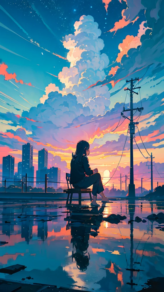 masterpiece, Exquisite detail,Highest quality, One girl, alone, handrail, cloud, buildings,Long Hair, NULL, Long sleeve, Power lines, White footwear, Black Hair, Electric pole, bangs, cloudy NULL, fish, bird, Green Eyes, Shorts, Day, Black Shirt, barefoot,Star,milky way,Meteors,Pitch black,Buildings,High quality anime art style，Standing painting，Splash ink background,Blue Themes,Clear Face,Distinct facial features,Fuji Mountain,Fuji Mountain,Buildings in Tokyo,Looking at me,View from behind,Shining Star々,milky way,sitting in water,Bright sky,Daytime,Looking straight ahead,Future City,train,Railroad crossing,sunset,A train running on the tracks