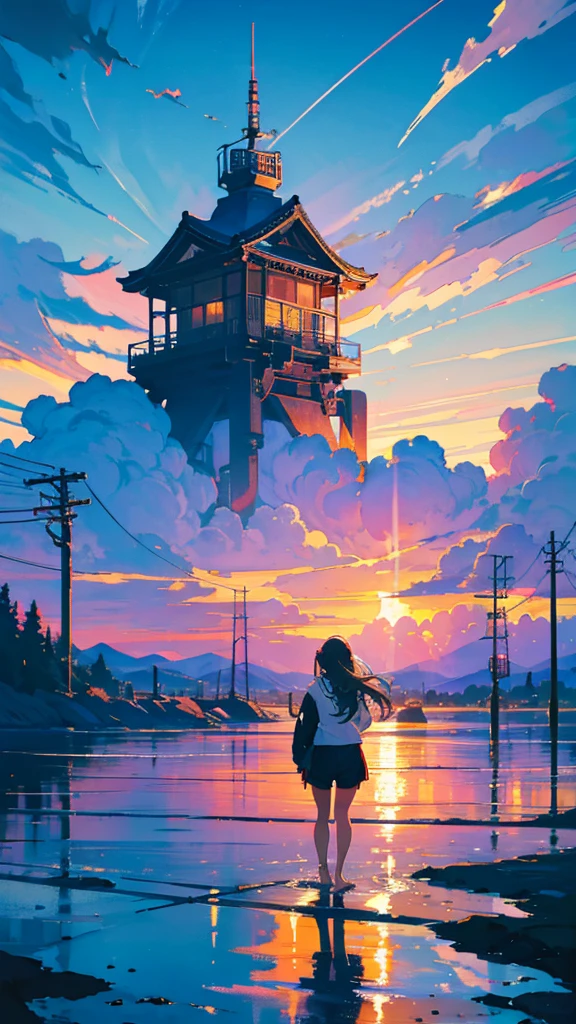 masterpiece, Exquisite detail,Highest quality, One girl, alone, handrail, cloud, buildings,Long Hair, NULL, Long sleeve, Power lines, White footwear, Black Hair, Electric pole, bangs, cloudy NULL, fish, bird, Green Eyes, Shorts, Day, Black Shirt, barefoot,Star,milky way,Meteors,Pitch black,Buildings,High quality anime art style，Standing painting，Splash ink background,Blue Themes,Clear Face,Distinct facial features,Fuji Mountain,Fuji Mountain,Buildings in Tokyo,Looking at me,View from behind,Shining Star々,milky way,sitting in water,Bright sky,Daytime,Looking straight ahead,Future City,train,Railroad crossing,sunset,A train running on the tracks