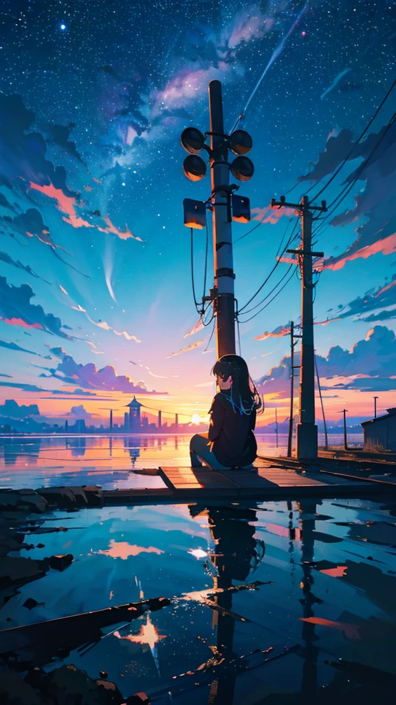 masterpiece, Exquisite detail,Highest quality, One girl, alone, handrail, cloud, buildings,Long Hair, NULL, Long sleeve, Power lines, White footwear, Black Hair, Electric pole, bangs, cloudy NULL, fish, bird, Green Eyes, Shorts, Day, Black Shirt, barefoot,Star,milky way,Meteors,Pitch black,Buildings,High quality anime art style,Standing painting,Splash ink background,Blue Themes,Clear Face,Distinct facial features,Fuji Mountain,Fuji Mountain,Buildings in Tokyo,Looking at me,View from behind,Shining Star々,milky way,sitting in water,Bright sky,Daytime,Looking straight ahead,Future City,train,Railroad crossing,sunset,A train running on the tracks