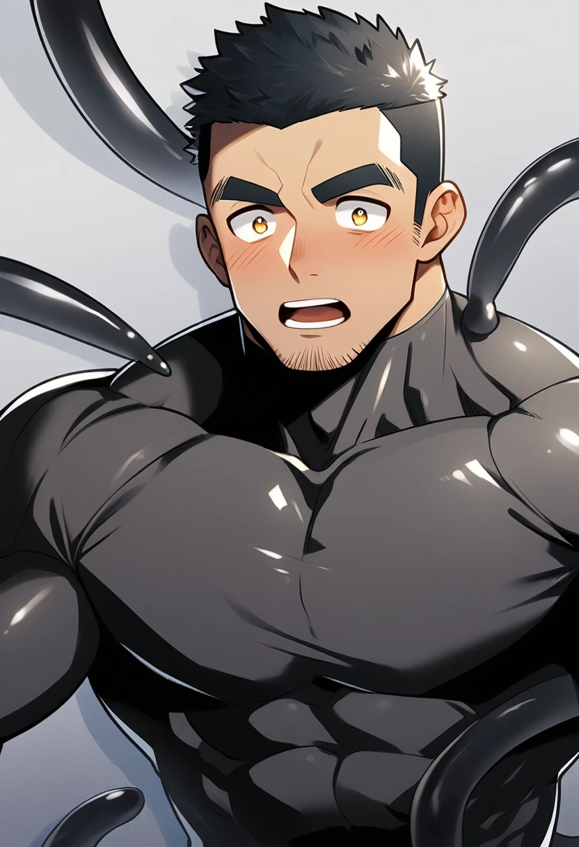 anime characters：Superhero in tights, negro black skin, He was entangled by a large number of thick black tentacles, Very stout, Lots of mucus, Wrap around the neck, Wrap around the waist, Tightly tied, Manliness, male focus, Yellow and black high collar long sleeve tight T-shirt, Slightly transparent material, Very tight, Round, full and perky chest muscles, Male dog waist, Slightly transparent, muscular male, muscular, only, Upper body, alone, Black short hair, Thick eyebrows, stubble, Yellow eyes, Grey background, simple background, amazing quality, best aesthetics, Ridiculous, bright pupils, crew cut, parted lips, blush, open mouth, scared, drop shadow, best quality