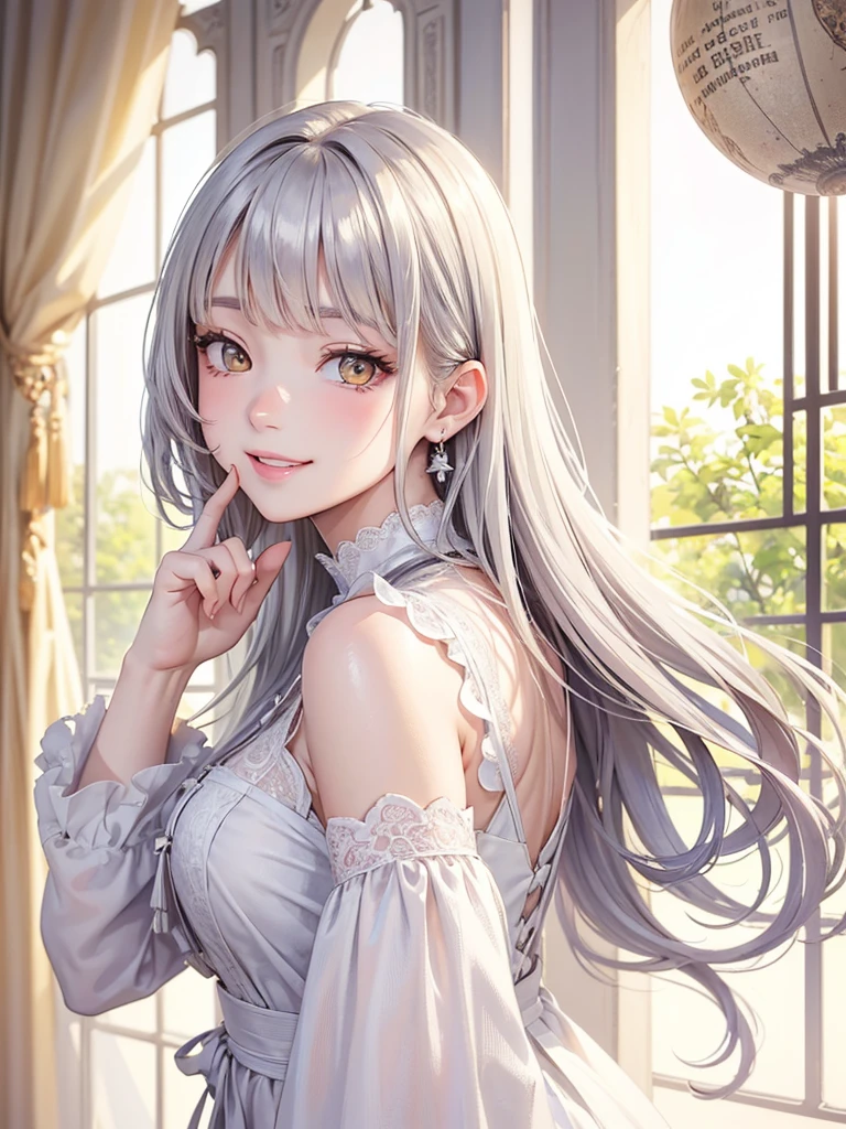 masterpiece、Highest quality、High resolution、High-quality images、8K, One 12-year-old girl、Skin Radiance、Texture of skin and clothing、Expression of fine eyes、Silver Hair,Long Hair Girl, Manga inspired by Lee Jong-suk, Trending on deviantart, realism, detailed manga style, Manga art style, Perfect Line Drawing, Beautiful line art, digital manga art girl, dress, Beautiful yellow eyes, Fuller lips, Gorgeous face with attention to detail, (Cute Smile), charm, Innocent, Side view, (Perfectly detailed face), (Beautiful Hands) Photorealistic images, Written boundary depth, 