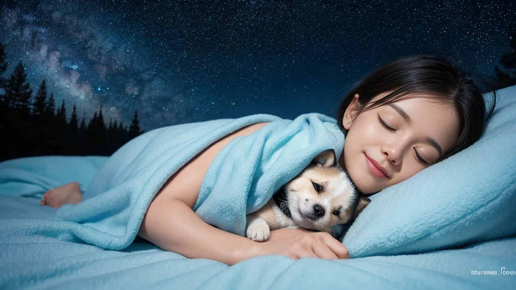 Create a painting that meets the following criteria:
Upward angle, HD, Disney Pixar-inspired style, digital painting, natural light, rich background, edge lighting, dreamy tones, colors, 16:9 aspect ratio. The painting depicts a small cute dog wrapped in a light blue blanket lying peacefully with his eyes closed on a snowy cloud, as if enjoying a sweet dream. The background is a night starry sky. The image depicts a small cute dog wrapped in a light blue blanket lying peacefully with his eyes closed on a snowy cloud, as if enjoying a sweet dream. The dog's facial expression is very peaceful, and the corners of his mouth are slightly turned up as he smiles. The background of the painting is a dreamy starry sky decorated with stars and soft halos scattered across the night sky.