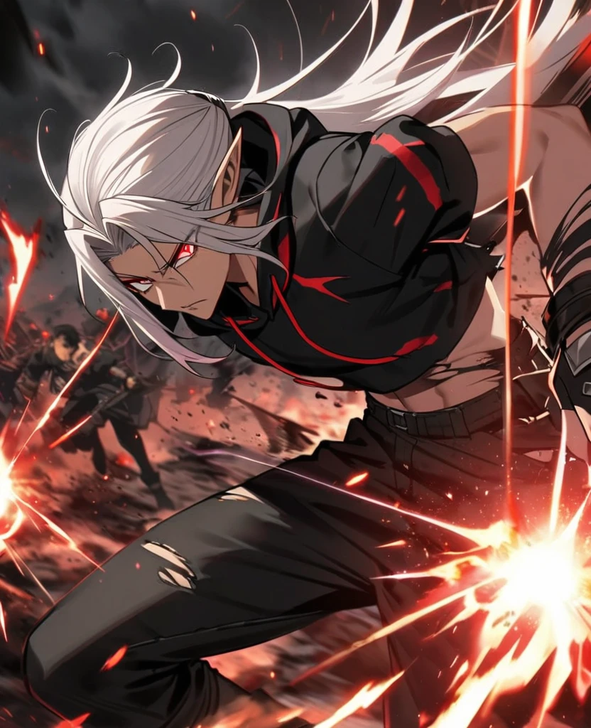 Male,5'4,pierced pointy ears,light skin,red eyes, white ombre long hair half up half down,black albow length fingerless gloves,ripped red short sleeve cropped hoodie,black tight shirt,ripped black jeans,dark magic,going on a bloody rampage on a battlefield