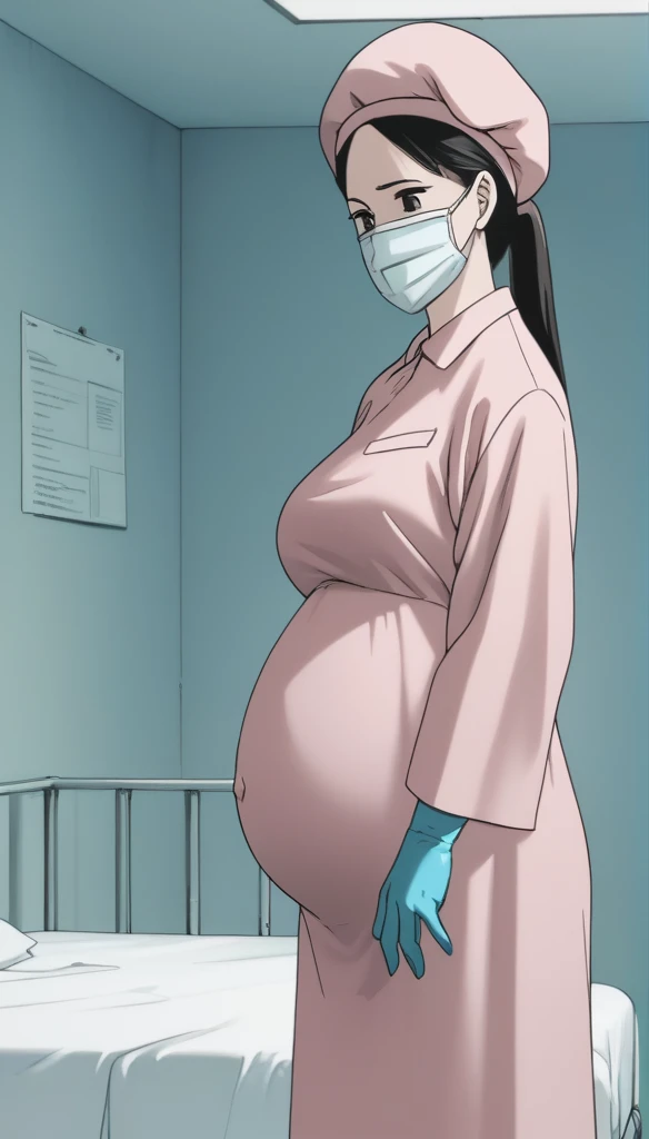 score_9,  score_8_up, score_7_up, source_anime, raw image, masterpiece, highest quality, natural light, patient room background, kasuganoray, good shape, pale skin, shy eyes, big breasts, scrubs, surgical mask, bouffant cap, long sleeve  maternity shirt,
1girl, pregnant, solo, rubber gloves, looking down, furrowed brow, hospital bed, standing, even though she's pregnant she has a good figure, 