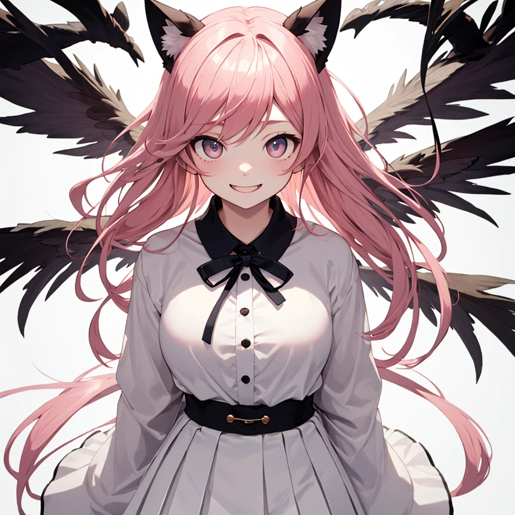 white background、Empty background、 (high quality, Breathtaking),(delicate eyes, perfect face)Upper body shot, solo, Illuminated from the front、lower your arms in front of you、Empty-handed、one girl, girl smiling from the front、Smile with mouth wide open、woman gives blowjob, pink eyes、hanging eyes、tsundere eyes、、Era: late s, pink hair, , long hair, Empty-handed、White ,white shirt,white pleated skirt,loafers,