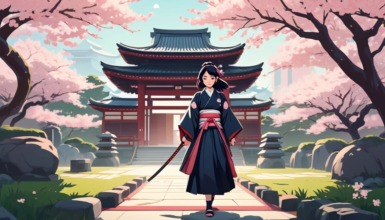 Female samurai,Background is cherry blossoms and a Japanese temple、 Wide-angle lens, Lofi Anime, Lofi illustration, Aesthetic atmosphere, Lo-Fi Style, Vector art, Flat Design, Simple shape, Warm tones, Pleasant atmosphere, Chill, In anime style, Digital drawing, Vector art, Vector logo for t-shirt printing, (Adorable:1.5), (small:1.4), (Playful:1.2), (soft:1.3), (Whimsical:1.1), masterpiece, Highest quality, 8K, Intricate details, grow, Celestial, Mysterious, Picturesque, amazing, Majestic, Magic, Fantasy art, Cover art, dream-like