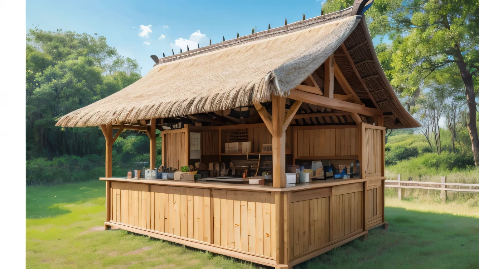 Food stall wooden structure roof with thatched grass natural ecological theme HD hand-painted color pencil style 4k high resolution scene original painting 