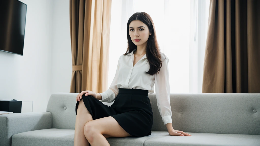 an Ukrainian woman with beautiful Delicate eyes, Beautiful and delicate lips, Extremely detailed face and skin, Pale skin, 23 years old, wearing a suit, black hip skirt, high heels, medium long shot, Sitting on the sofa in the office, beautiful lights, sexy figure, long legs, full body portrait. Beautiful photography，Long eyelashes, Good anatomy , Practical skin texture, Delicate eyes, professional, 4K, Wide-angle lens, Optical Depth of Field, Kodak Vision Color, Perfectly proportioned body, Extremely detailed, ultra-photoPractical, Practical, Post-Processing, Maximum details, Roughness, real life, ultra -Practical, Photorealism, photography, 8K Ultra HD, photography