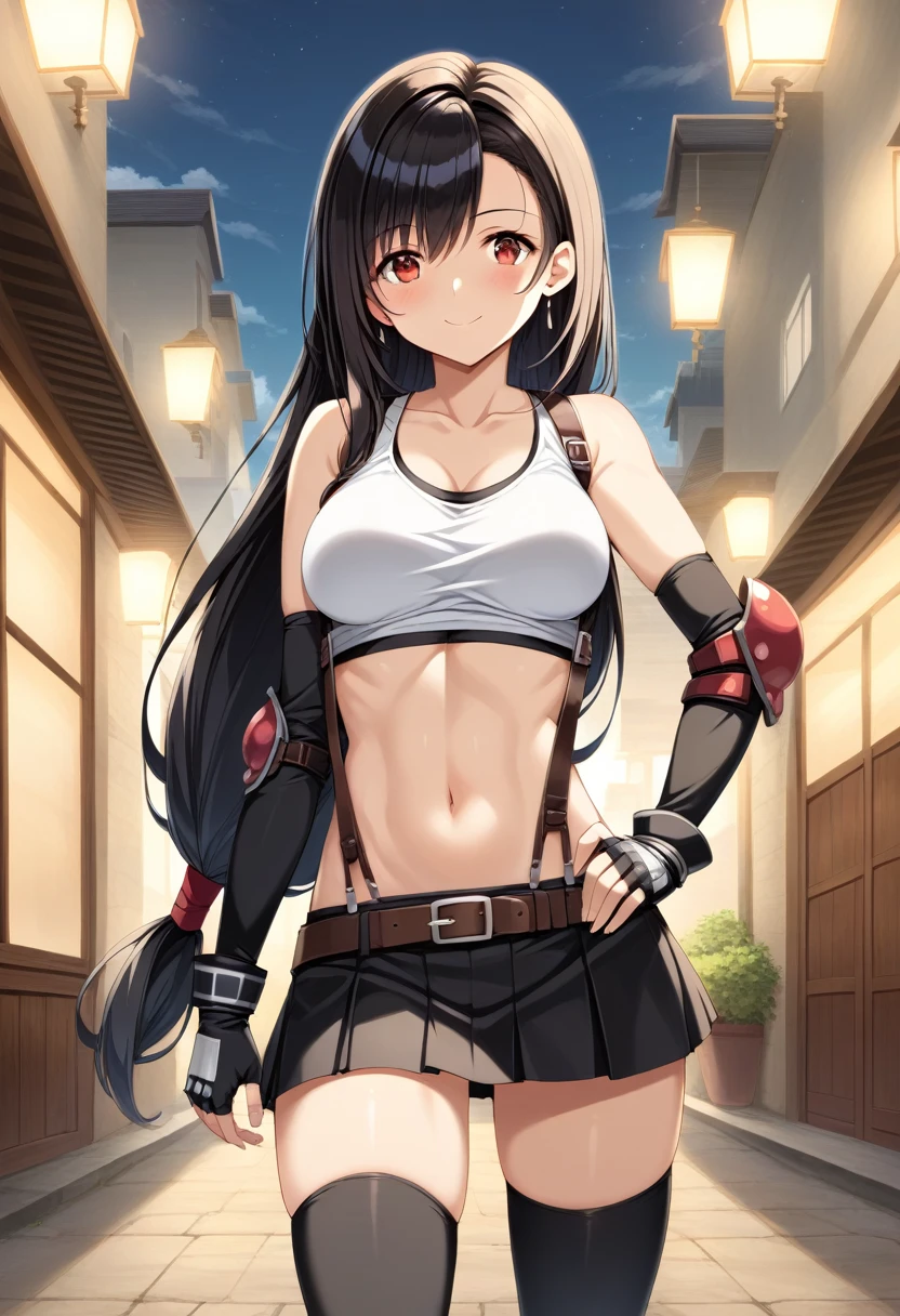 score_9, score_8_up, score_7_up, ,front_view,breast front view,,(soro focus),standing,straight-on,,(hands on hip),,,(upperbody),looking_at_viewer ,1girl, tifa lockhart, final fantasy,(beautiful woman). tareme,black hair, low-tied long hair, red eyes, bangs, white tank top,gap, belt, pleated skirt, thighhighs, elbow fingerless gloves, elbow pads, midriff, navel,suspender skirt.zettai ryouiki ,(large_breasts:1),((perky breasts;1,3)),(light smile),slender_waist:1.2 ,Solo,,(daytime and outdoors),(masterpeace),(best quality),((aesthetic,very aesthetic)),,highly detailed,(megami_magazine),(professional lighting),(cinematic lighting),great lighting,