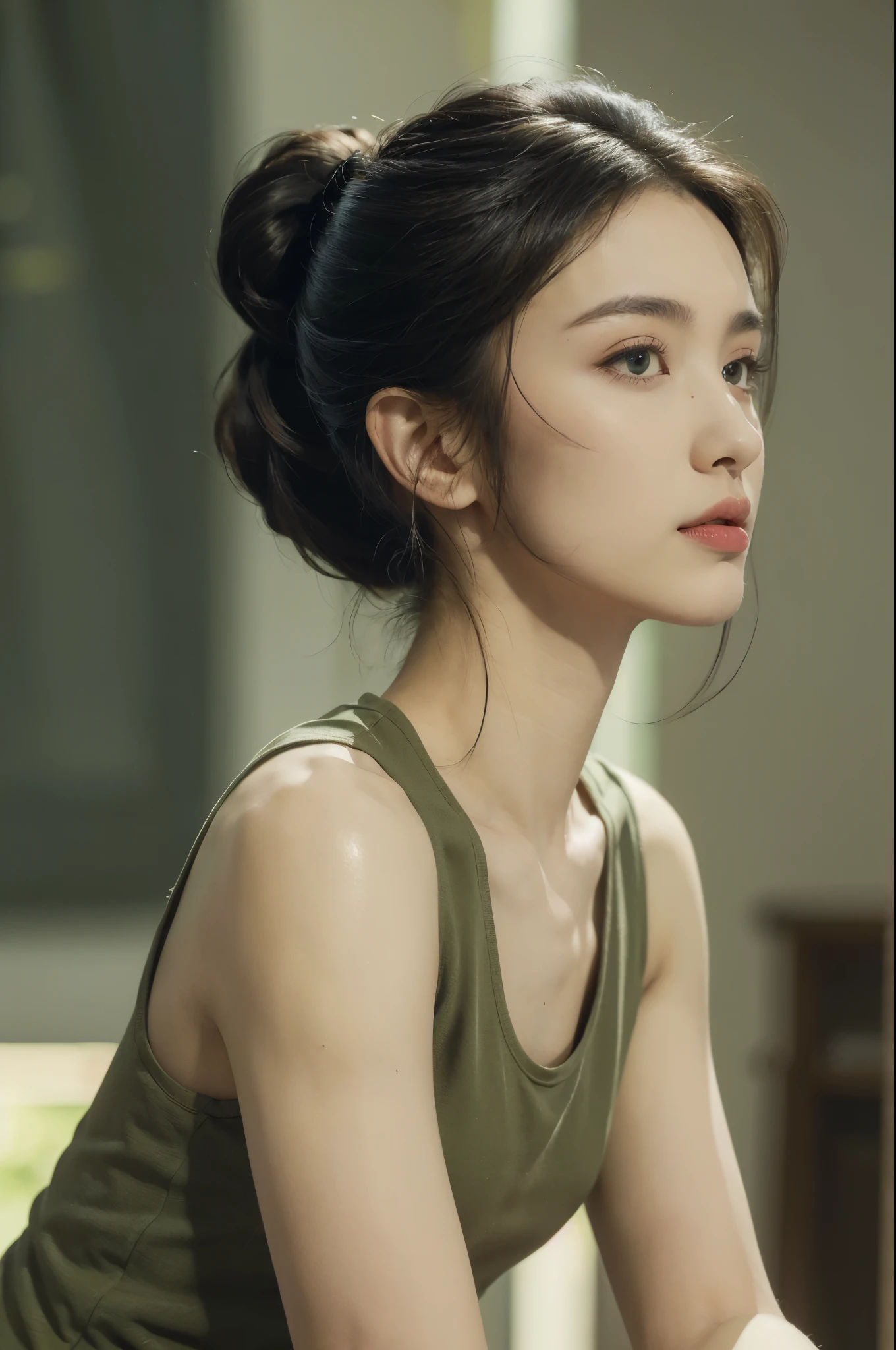 (((best quality))),(((ultra detailed))),(((masterpiece))),illustration,((1 beautiful young girl,female soldier,solo)),(short black ponytail:1.2),((slim,thin)),((small breasts,flat chest)),determined,professional,demeanor,(green tank top:1.3),military,affiliation,background,military conference room,walls,maps,battlefields,strategic points,markings,(large red flag),nation's unity,strength,seriousness,planning,important discussion,rigid posture,focused expression,confidence,respectability,bright intense eyes,analyzing situation,contribute thoughts,ideas,charm,powerful,intense atmosphere,freezes moment in time,essence,striking appearance,(night scene:1.2),((from front,close-up of face))