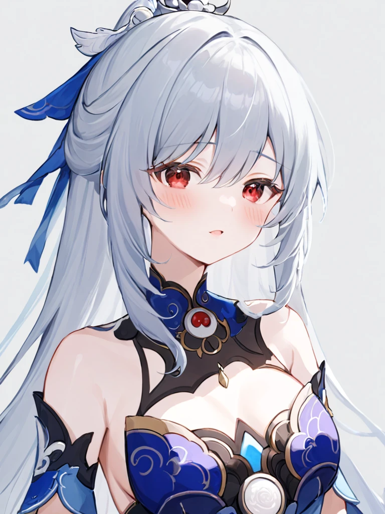 Super detailed,(Highest quality),((masterpiece)),(High resolution),original,very,Jingliu, chest, One girl, blush, Red eyes, chestの谷間, large chest, Long Hair, White Background, Simple Background, Hair between the eyes, Mouth closed, Gray Hair, Bare shoulders, gloves, dress, bangs, Upper Body, hair ornaments, Focus Only, Removable sleeves, One boy, black gloves, penis