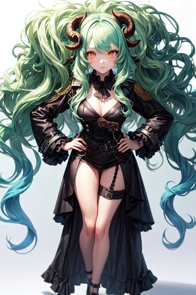 ((live 2D)) masterpiece, 1girl, full body, stands straight, steampunk clothes, military clothing, looking at viewer, detailed face, girl with green wavy hair, bangs, metal sheep horns, gradient hair, multicolored hair, light green hair, turquoise hair tips, wavy hair, gradient eyes, orange eyes, (simple background, white background: 1.3)