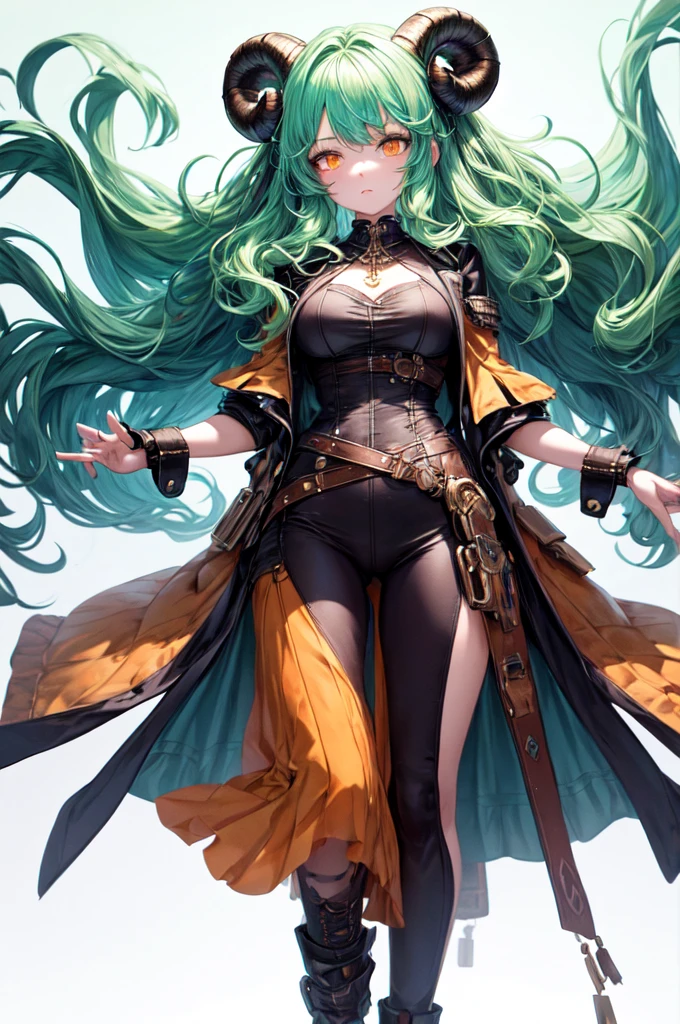 ((live 2D)) masterpiece, 1girl, full body, stands straight, steampunk clothes, military clothing, looking at viewer, detailed face, girl with green wavy hair, bangs, metal sheep horns, gradient hair, multicolored hair, light green hair, turquoise hair tips, wavy hair, gradient eyes, orange eyes, (simple background, white background: 1.3)