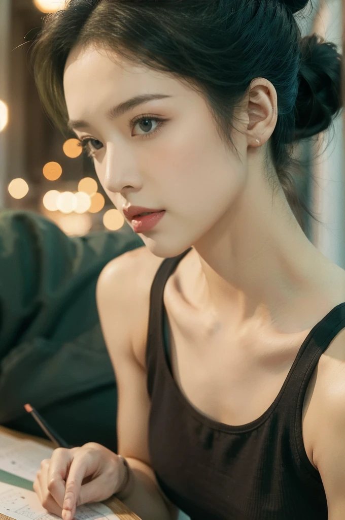 (((best quality))),(((ultra detailed))),(((masterpiece))),illustration,((1 beautiful young girl,female soldier,solo)),(short black ponytail:1.2),((slim,thin)),((small breasts,flat chest)),determined,professional,demeanor,(green tank top:1.3),military,affiliation,background,military conference room,walls,maps,battlefields,strategic points,markings,(large red flag),nation's unity,strength,seriousness,planning,important discussion,rigid posture,focused expression,confidence,respectability,bright intense eyes,analyzing situation,contribute thoughts,ideas,charm,powerful,intense atmosphere,freezes moment in time,essence,striking appearance,(night scene:1.2),((from front,close-up of face))