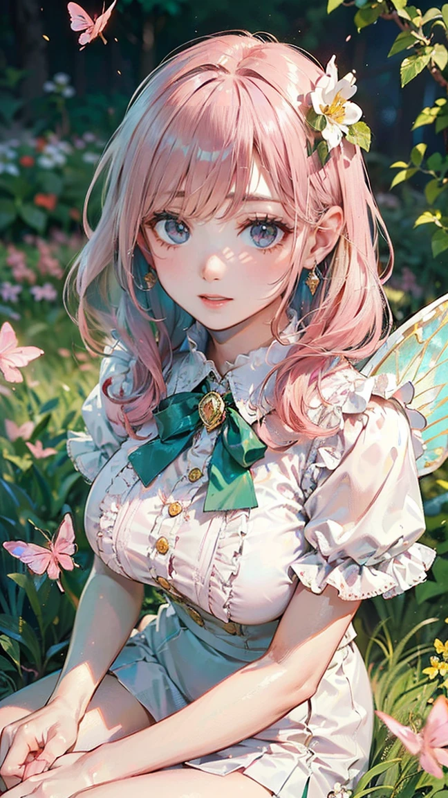 (Masterpiece, BestQuality:1.3), (ultra detailed:1.2), (hyperrealistic:1.3), (RAW photo:1.2), High detail RAW color photo, professional photograph, (Photorealistic:1.4), (realistic:1.4), (Pink Hair:1.5), professional lighting, perfect anatomy, (Big Breasts:1.2), (blush, detailed face), (A happy smile:1.7), sexly, erotic sexly, Random sexy gravure poses, (A beautiful fairy-like woman wearing a mint green frilled blouse and a white miniskirt、Laughing innocently while chasing butterflies in a flower field、Gold Earrings、Sitting on grass pose。:1.3)