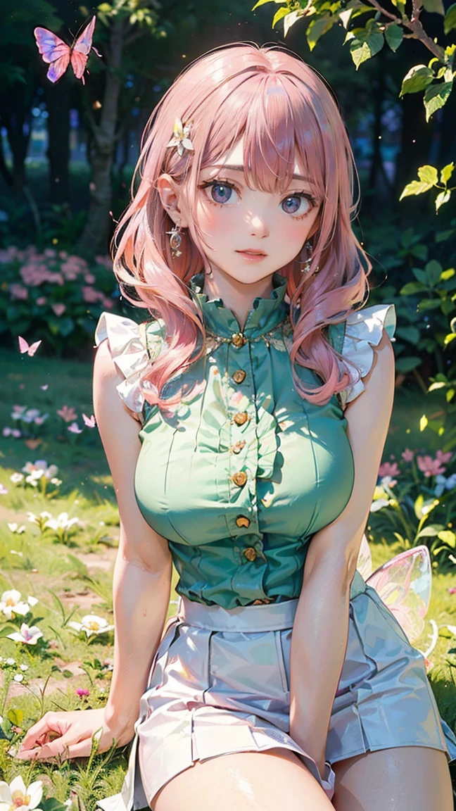 (Masterpiece, BestQuality:1.3), (ultra detailed:1.2), (hyperrealistic:1.3), (RAW photo:1.2), High detail RAW color photo, professional photograph, (Photorealistic:1.4), (realistic:1.4), (Pink Hair:1.5), professional lighting, perfect anatomy, (Big Breasts:1.2), (blush, detailed face), (A happy smile:1.7), sexly, erotic sexly, Random sexy gravure poses, (A beautiful woman wearing an orange off-shoulder top and a white skirt、A gentle expression in a flower field、Gold Bracelet、Pose picking flowers。:1.3)