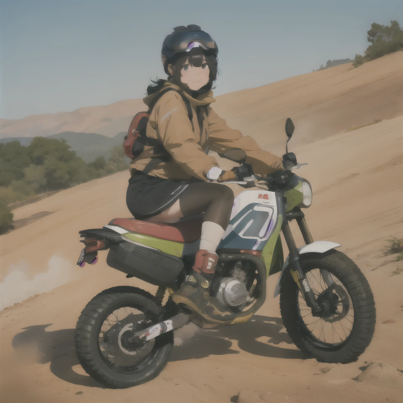 (The_shading),
One girl,Flying Goggles,Ride the Motobi \(MTB Umuk\),smile,Dirt roads,Dust,
Breaking the masterpiece,Highest quality,