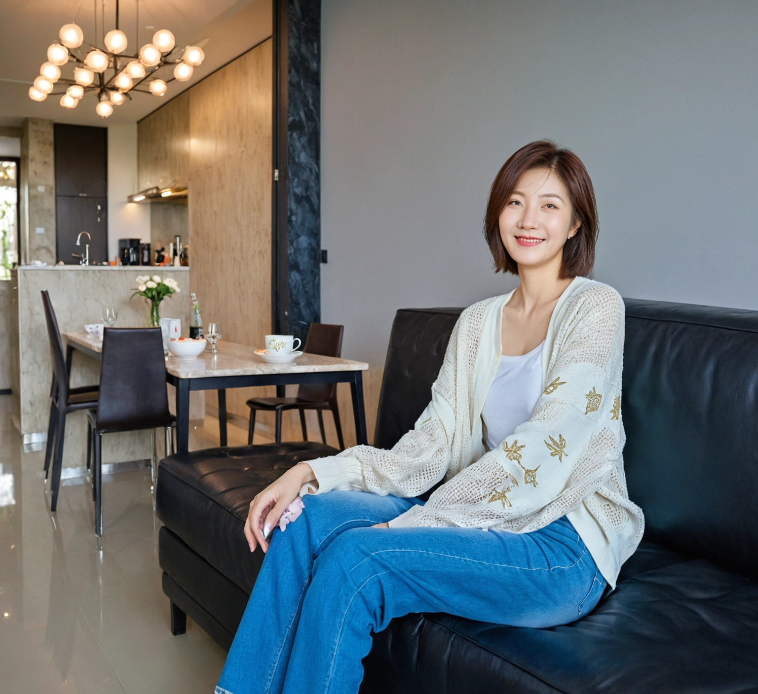 Beautiful Korean Woman , 32 inch chest size, Your eyes are big and pretty. Wearing a high-end luxury brand cardigan, Casual jeans, short medium hair, Smile. sit on the sofa , uhd