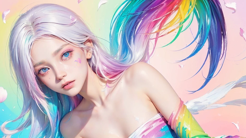 （Pink Fashion T-shirt：1.9），(Colorful hair: 1.8), (all the colours of the rainbow: 1.8),(((((vertical painting：1.6))), （painting：1.6），front, comics, illustrations, paintings, large eyes, crystal clear eyes,（ rainbow color gradient high ponytail：1.7）, exquisite makeup, closed mouth,(Small Fresh: 1.5),(Wipe Chest: 1.6) ，long eyelashes, white off shoulder T-shirt,  White Shoulder Shirt，looking at the audience, large watery eyes, (rainbow colored hair：1.6), color splash, （solo：1.8）, color splash, color explosion, thick paint style, messy lines, ((shining))，(colorful), (colorful), (colorful), colorful, Thick Paint Style, (Splash) (Color Splash), Vertical Painting, Upper Body, Paint Splash, Acrylic Pigment, Gradient, Paint, Highest Image Quality, Highest Quality, Masterpiece, Solo, Depth of Field, Face Paint,  colorful clothes, (Elegant: 1.2), gorgeous,long hair, wind, (Elegant: 1.3), (Petals: 1.4)，(((masterpiece))),(((best quality))),((ultra-detailed)),(illustration),(dynamic angle),((floating)),(paint),((disheveled hair)),(solo),(1girl) , (((detailed anima face))),((beautiful detailed face)),collar,bare shoulders,white hair, ((colorful hair)),((streaked hair)),beautiful detailed eyes,(Gradient color eyes),(((colorful eyes))),(((colorful background))),(((high saturation))),(((surrounded by colorful splashes))),all bodies, same colored back  grounds, Make the background bigger than the face, Mainly in the background, the face is small, I want the person to be on the right or left, angel image, Goddess, Goddess,sexy,soft,,fantastic,sparkling , The person is on the edge