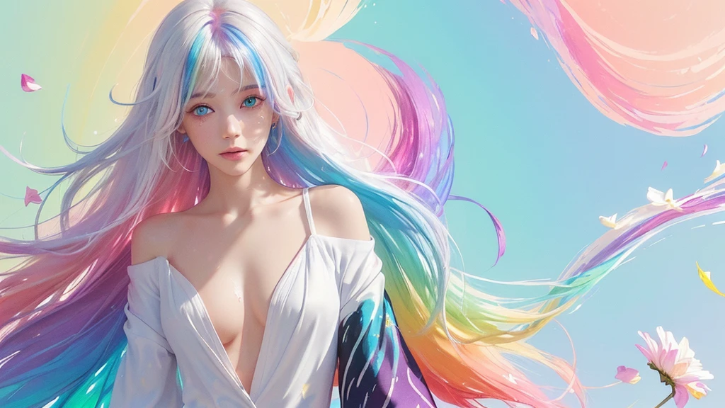 (Pink Fashion T-shirt:1.9),(Colorful hair: 1.8), (all the colours of the rainbow: 1.8),(((((vertical painting:1.6))), (painting:1.6),front, comics, illustrations, paintings, large eyes, crystal clear eyes,( rainbow color gradient high ponytail:1.7), exquisite makeup, closed mouth,(Small Fresh: 1.5),(Wipe Chest: 1.6) ,long eyelashes, white off shoulder T-shirt, White Shoulder Shirt,looking at the audience, large watery eyes, (rainbow colored hair:1.6), color splash, (solo:1.8), color splash, color explosion, thick paint style, messy lines, ((shining)),(colorful), (colorful), (colorful), colorful, Thick Paint Style, (Splash) (Color Splash), Vertical Painting, Upper Body, Paint Splash, Acrylic Pigment, Gradient, Paint, Highest Image Quality, Highest Quality, Masterpiece, Solo, Depth of Field, Face Paint, colorful clothes, (Elegant: 1.2), gorgeous,long hair, wind, (Elegant: 1.3), (Petals: 1.4),(((masterpiece))),(((best quality))),((ultra-detailed)),(illustration),(dynamic angle),((floating)),(paint),((disheveled hair)),(solo),(1girl) , (((detailed anima face))),((beautiful detailed face)),collar,bare shoulders,white hair, ((colorful hair)),((streaked hair)),beautiful detailed eyes,(Gradient color eyes),(((colorful eyes))),(((colorful background))),(((high saturation))),(((surrounded by colorful splashes))),all bodies, same colored back grounds, Make the background bigger than the face, Mainly in the background, the face is small, I want the person to be on the right or left, angel image, Goddess, Goddess,sexy,soft,,fantastic,sparkling , The person is on the edge