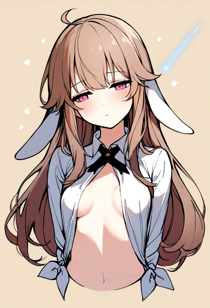 1girl,solo,light brown hair,long hair,ahoge,pink eyes,half-closed eyes,small breasts,head tilt,comforting,fleur_de_lapin_uniform,tied_shirt,shooting star,cropped torso,