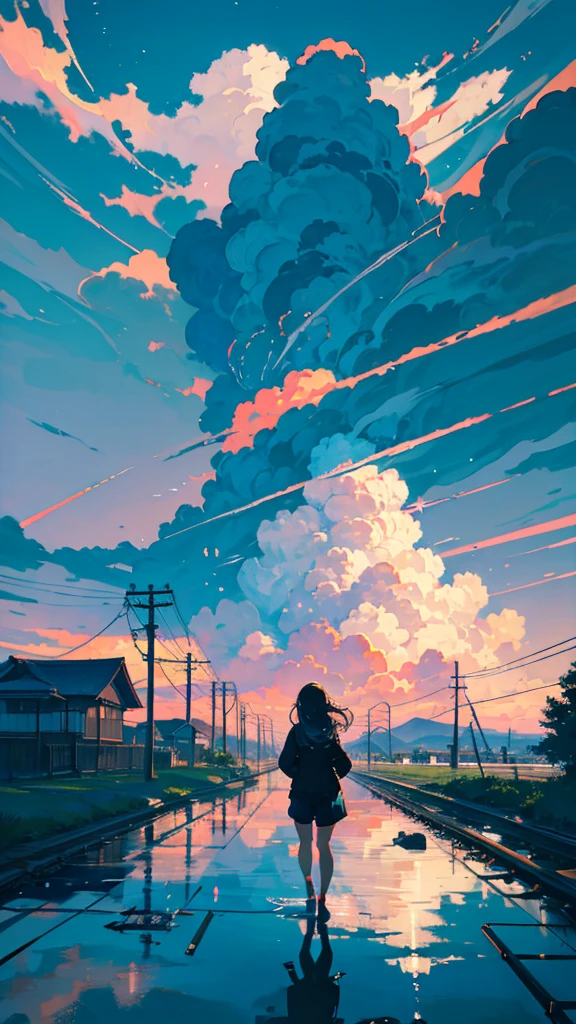 masterpiece, Exquisite detail,Highest quality, One girl, alone, handrail, cloud, buildings,Long Hair, NULL, Long sleeve, Power lines, White footwear, Black Hair, Electric pole, bangs, cloudy NULL, fish, bird, Green Eyes, Shorts, Day, Black Shirt, barefoot,Star,milky way,Meteors,Pitch black,Buildings,High quality anime art style，Standing painting，Splash ink background,Blue Themes,Clear Face,Distinct facial features,Fuji Mountain,Fuji Mountain,Buildings in Tokyo,Looking at me,View from behind,Shining Star々,milky way,sitting in water,Bright sky,Daytime,Looking straight ahead,Future City,train,Railroad crossing,sunset,A train running on the tracks