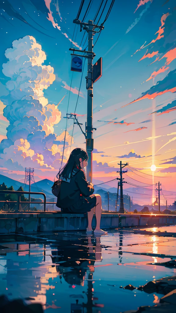 masterpiece, Exquisite detail,Highest quality, One girl, alone, handrail, cloud, buildings,Long Hair, NULL, Long sleeve, Power lines, White footwear, Black Hair, Electric pole, bangs, cloudy NULL, fish, bird, Green Eyes, Shorts, Day, Black Shirt, barefoot,Star,milky way,Meteors,Pitch black,Buildings,High quality anime art style,Standing painting,Splash ink background,Blue Themes,Clear Face,Distinct facial features,Fuji Mountain,Fuji Mountain,Buildings in Tokyo,Looking at me,View from behind,Shining Star々,milky way,sitting in water,Bright sky,Daytime,Looking straight ahead,Future City,train,Railroad crossing,sunset,A train running on the tracks