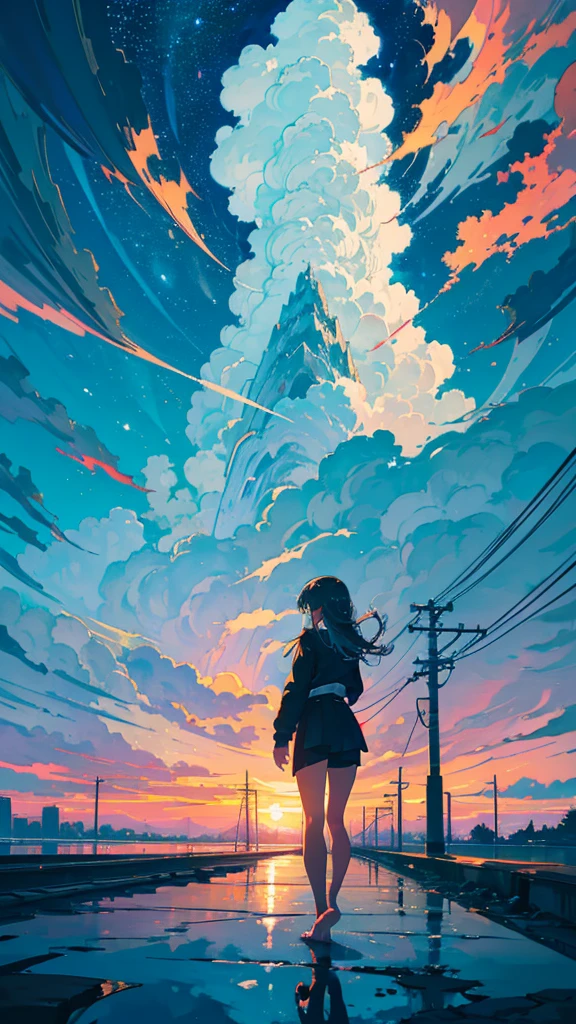 masterpiece, Exquisite detail,Highest quality, One girl, alone, handrail, cloud, buildings,Long Hair, NULL, Long sleeve, Power lines, White footwear, Black Hair, Electric pole, bangs, cloudy NULL, fish, bird, Green Eyes, Shorts, Day, Black Shirt, barefoot,Star,milky way,Meteors,Pitch black,Buildings,High quality anime art style，Standing painting，Splash ink background,Blue Themes,Clear Face,Distinct facial features,Fuji Mountain,Fuji Mountain,Buildings in Tokyo,Looking at me,View from behind,Shining Star々,milky way,sitting in water,Bright sky,Daytime,Looking straight ahead,Future City,train,Railroad crossing,sunset,A train running on the tracks