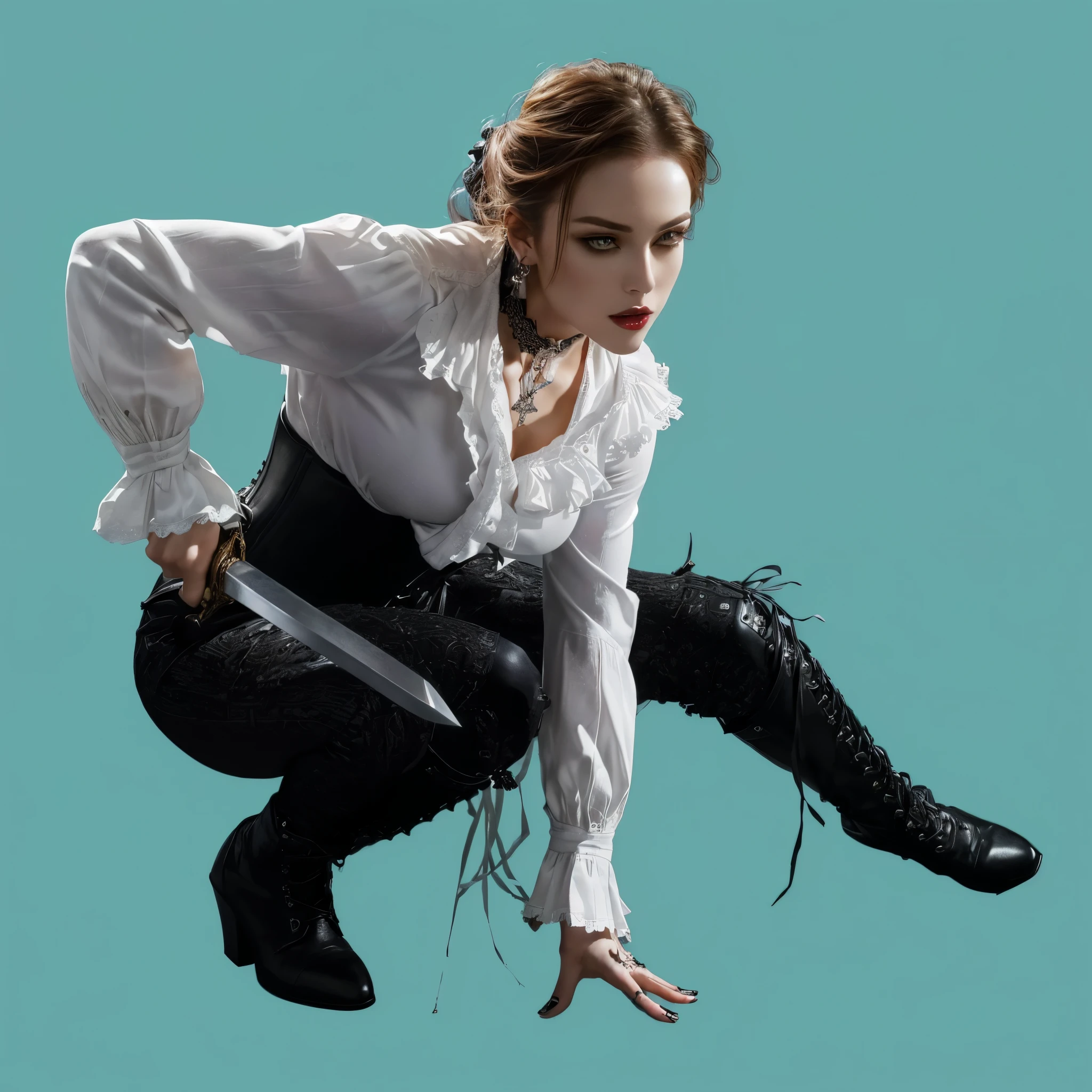 masterpiece, best quality photo, a woman in white shirt kneeling on the floor with a sword, female pirate, menacing stance, white blouse with lace decoration in gothic style, black leather pants and boots, corset,