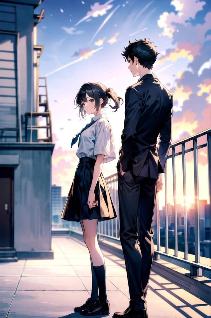 Masterpiece, anime still, intricate details, uhd, 4k, hdr, EyeDetail, (1girl, 1boy,) ((standing back to back)), ((tall male, short female)), looking at the viewer, at night, school rooftop