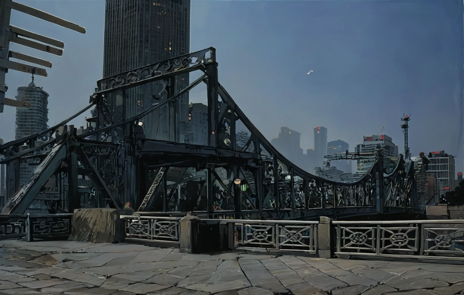 This is a Chinese painting.，Li Keran&#39;s style，There is a bridge，There is a clock on the bridge, Jiefang Bridge metal bridge in Tianjin, Filming, An elegant bridge between towers, There are many people on the bridge， International Award-winning Works，