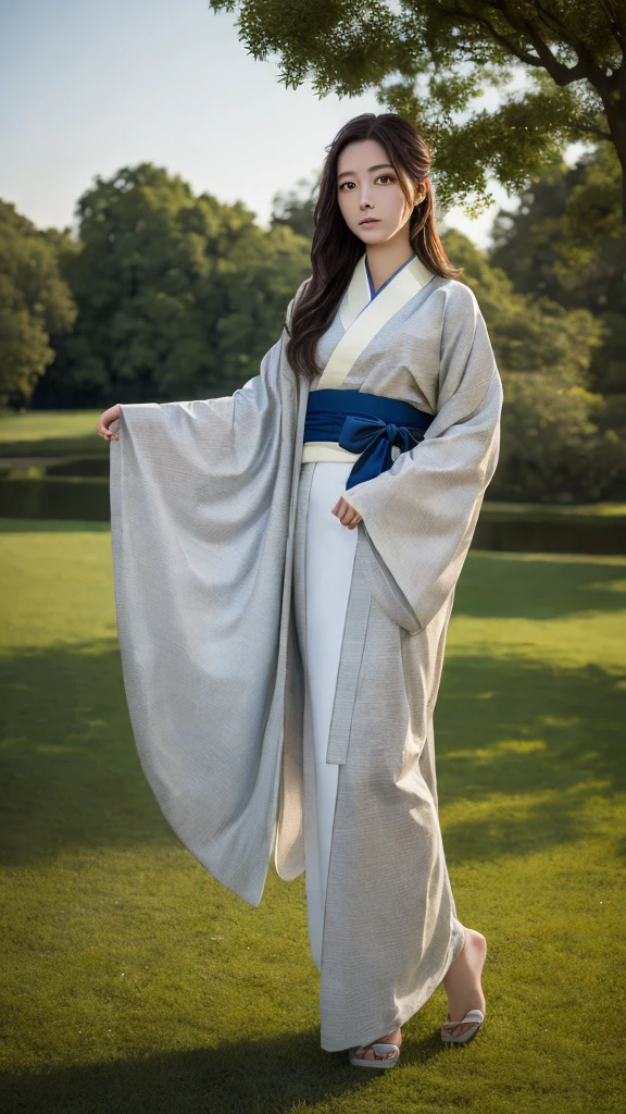 ((Highest quality)), ((masterpiece)), (detailed), Surreal,1人のgirl, sexy,Medium to long hair, girl, Traditional Kimono, Calm expression,The undergarment on the lower half of the body is visible., background, a few trees, Pale gradation sky, Fine lineart, Soft Shadows,  Sparkling details