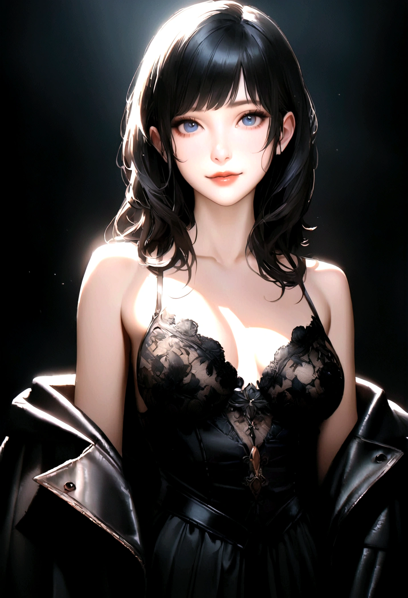 Very fascinating、White shirt.............................:1.2, Looking into the camera, Cinema Lighting, perfection, Russ's outfit, High Resolution Skins:1.2, Realistic skin texture, Beautiful 20 year old woman、Small Face、Without makeup、, Off the shoulder,Bust cup C、Small neckline, blue eyes, The hair on my shoulders is very black, Dark black hair、son、Gorgeous Background , Stare straight at the subject、With a kind and pleasant smile