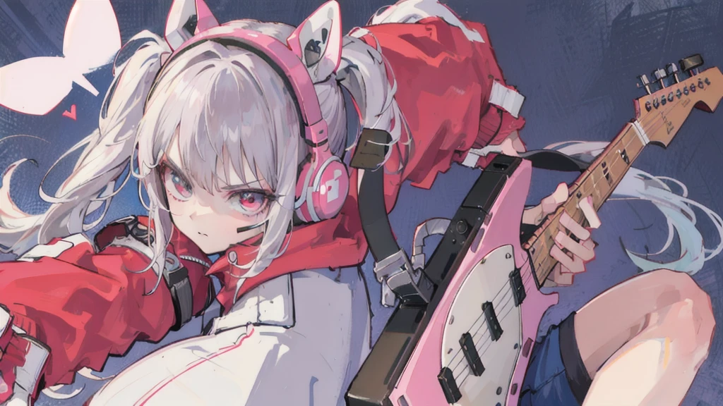 night, One Girl, Headphones, guitar, Angry face,
