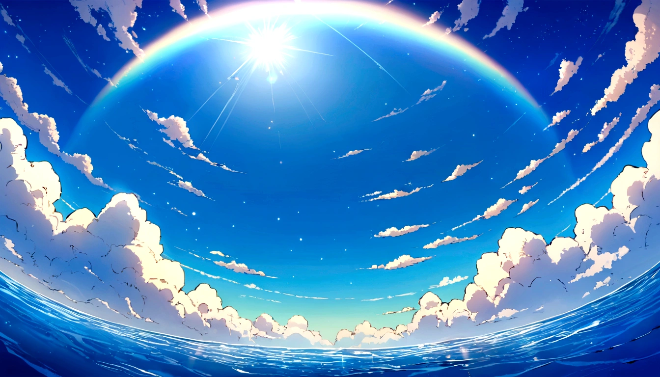 a picture of the sky with cloud and sun shining in the background, beautifull puffy cloud. anime, anime cloud, anime sky, blue sea. by Makoto Shinkai, beautiful anime scenery, Space Sky. by Makoto Shinkai, anime. by Makoto Shinkai, by Makoto Shinkai, by Makoto Shinkai, ( ( makoto shinkai ) ), anime scenery, anime atmospheric, Makoto Shinkai&#39;s Style, makoto shinkai. —h 2160, makoto shinkai. High detail, wallpaper anime blue water, Bright Sky、Heaven Background, cloud. Fantasy, anime landscape wallpaper, Makoto Shinkai&#39;s art style.(Quality-8k)