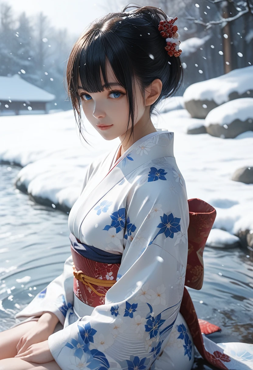 score_9, score_8_up, score_7_up, 1girl, solo, looking at viewer, short hair, bangs, blue eyes, beautiful detailed eyes,black hair, long sleeves, sitting, closed mouth, small breasts, nipples, outdoors, open japanese clothes, wide sleeves, open kimono, water, sash, obi, floral print, snow, snowing, white kimono, print kimono, dildo masturbation, break,(clear line illustration:1.2), super detailed skin,very high resolution, very aesthetic, Best sexual lighting powered by famous artist, 8k,cute picture,beauty illustration,photoshop_(medium),,(Detailed Lighting),uncensored,