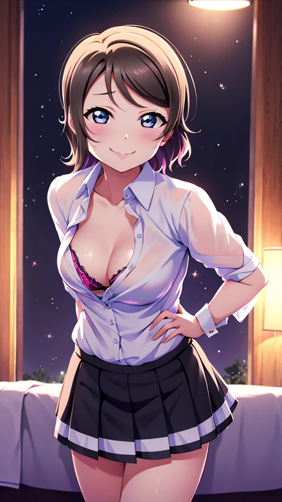 Love Live Watanabe You、mini skirt,、Dress shirt、Black Bra、Evil female executive、sexy、Sexy smile、lure、Alluring、Pitch black background、Bedroom at night