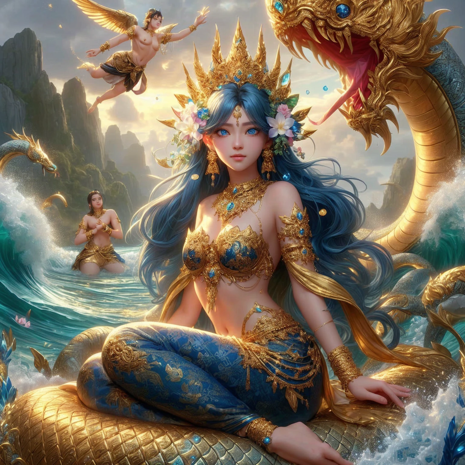 Blue eyes, ornate gold jewelry. , god god , ,realistically ,Fine golden background. 3-D anime.